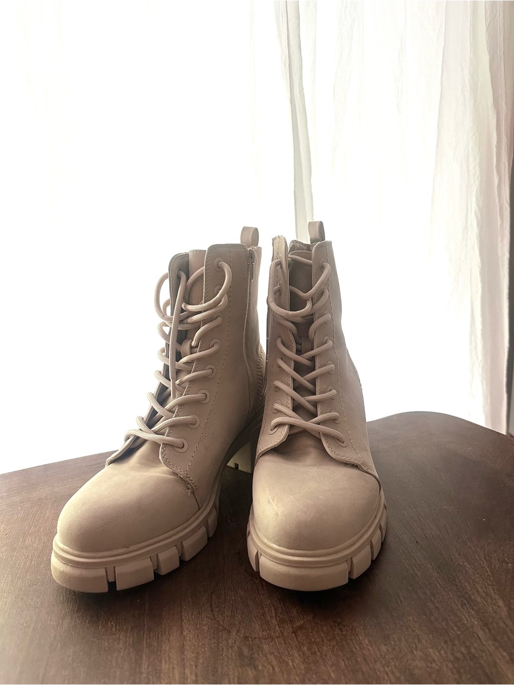 Chunky Lace-Up Lug Sole Combat Boots in Beige